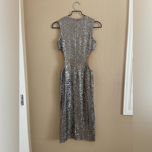 New Dress the Population Ryan Sequin Platinum Gunmetal Mesh Insert Midi Dress M - Picture 4 of 11